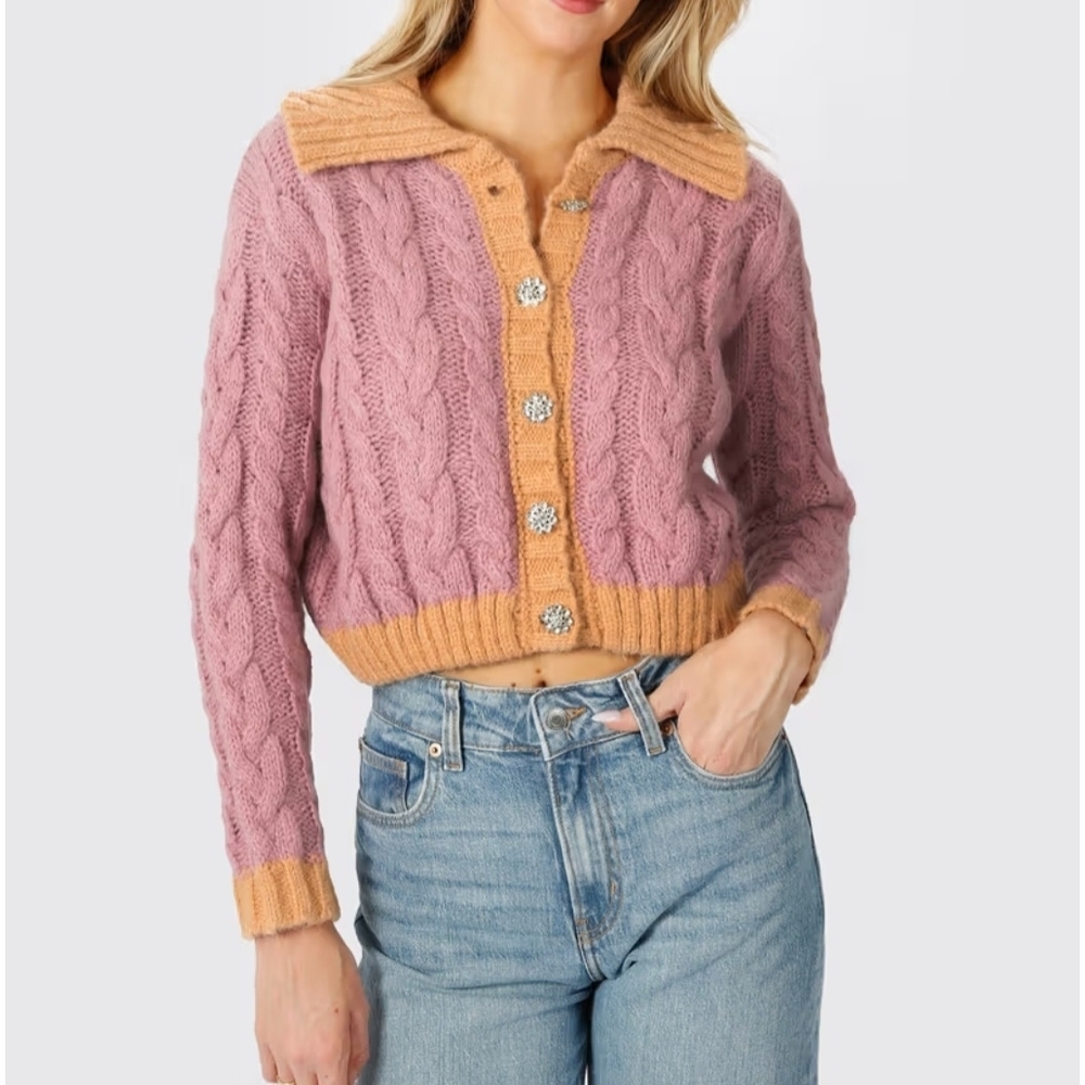 Rich & Famous NWT Sicily Crop Cardigan Sweater Grannycore Knit Collar Bling Boxy - Picture 3 of 16
